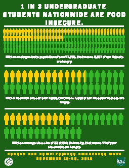 An infographic, created by Abby Jeffers, shows that one out of three undergraduate students nationwide are food insecure. The data was pulled from a 2018 report by the Northern Virginia Community College.