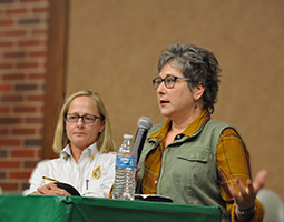 Jan Rader (left) and Necia Freeman respond to audience questions following the Nov. 28 viewing of the Netflix documentary “Heroin(e)” at Ohio University Southern.