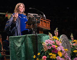 Dr. Risa Whitson, an associate professor of geography and in the Women's, Gender, and Sexuality Studies Program and the 2016 Outstanding Graduate Faculty Award recipient, delivers the keynote address at the spring 2017 Graduate Commencement ceremony.