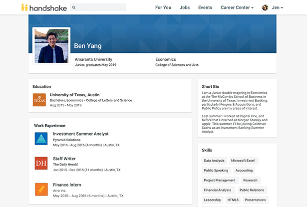 Pictured is an example of a student profile on Handshake. This is the content that potential employers would see once students make their profiles public.