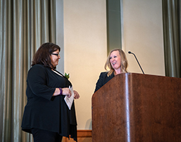 Jessica Wingett (right), chair of Administrative Senate, thanks Wendy Rogers, secretary of Administrative Senate, who has chaired the Administrative Service Awards Committee since 2012 and has served on the committee since 2006.