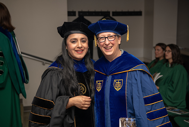 Dr. Devika Chawla, a professor in the School of Communication Studies and OHIO’s 2017 Outstanding Graduate Faculty Award recipient, poses for a photo with Dr. Susan Burgess, a professor of political science.