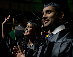 Ohio University Heritage College of Osteopathic Medicine graduates wave to their loved ones during the 2018 Commencement ceremony May 12 at the Convocation Center.