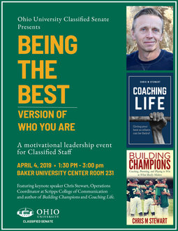 Chris Stewart, operations coordinator at the Scripps College of Communication and author of the books, “Building Champions” and “Coaching Life,” will speak on “Being the best version of who you are.”
