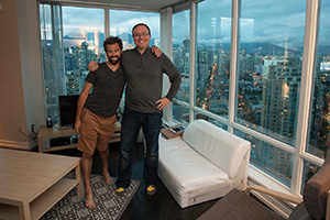 Ohio University alumni Wes Cronk (left) and Thomas Wagener are seen in the apartment they shared in Vancouver while working side-by-side on “Deadpool.”