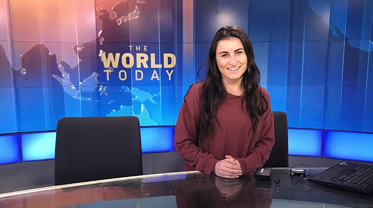 Selby Ginis, BSJ ’19, is pictured at CGTN America, China Global Television Network, where she interned as part of the Scripps Semester in D.C. program.