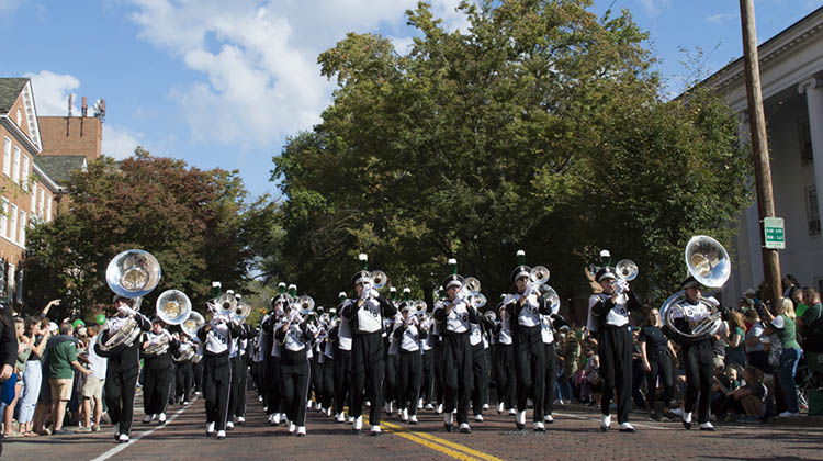 Ohio University's Marching 110 performs in the 2017 Homecoming Parade. Beginning at 10 a.m. Saturday, Oct. 20, WOUB and the Immersive Media Initiative will be live streaming from this year’s annual Homecoming Parade.