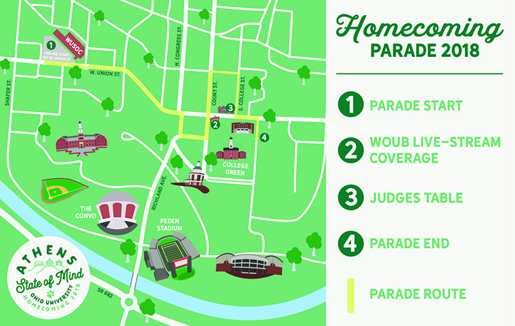 This graphic shows this year's Homecoming Parade route. Beginning at 10 a.m. Saturday, Oct. 20, WOUB and the Immersive Media Initiative will be live streaming from this year’s annual Homecoming Parade.