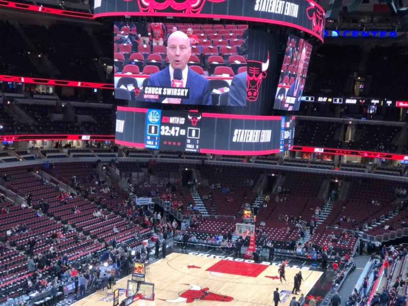 Chuck Swirskey displayed on the Chicago Bulls' media screen.