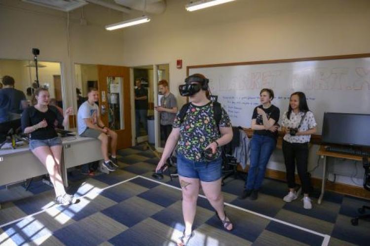 Students demonstrate walkable VR at the 2019 XR Showcase in Scripps Hall on the Athens campus