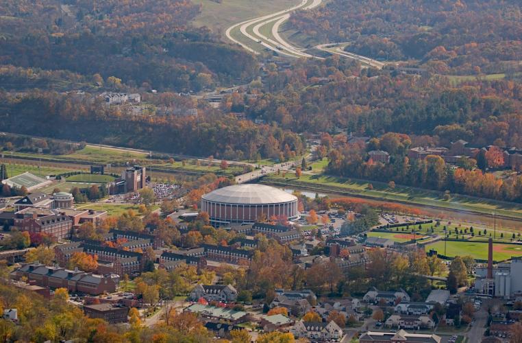 Aerial view of campus during fall