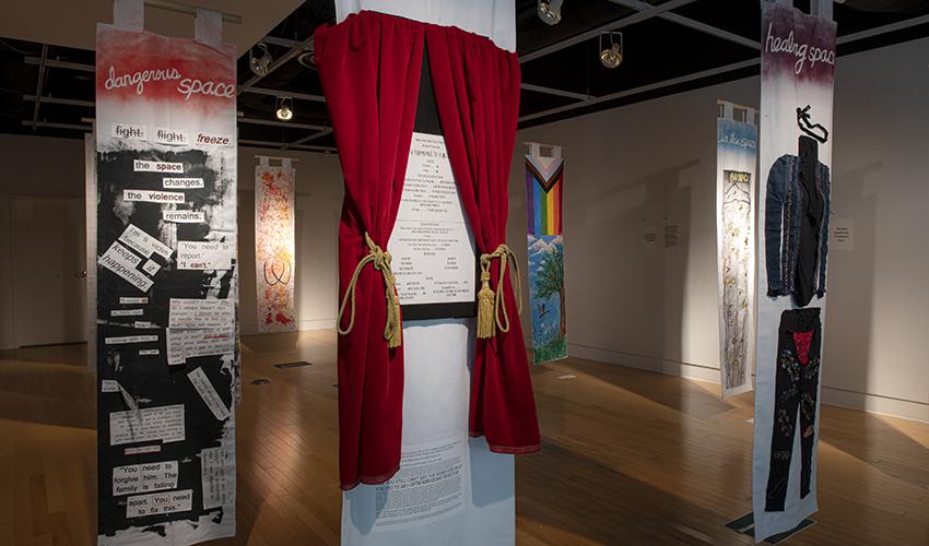 The "In This Space: Disrupted" exhibit is seen inside Ohio University's Trisolini Gallery.