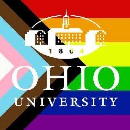 OHIO University logo over LGBT pride flag colors