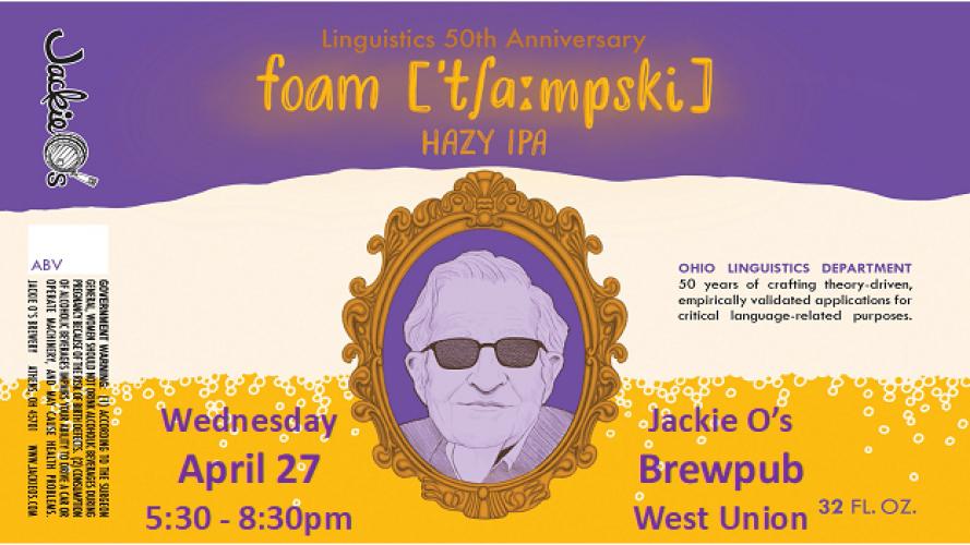 An image of the label of the Foam Chomsky drink in honor of the 50th anniversary of the linguistics department