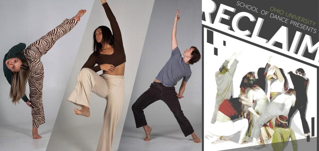 Dancers gesture across three frames with the "Reclaim" poster graphic on the far right