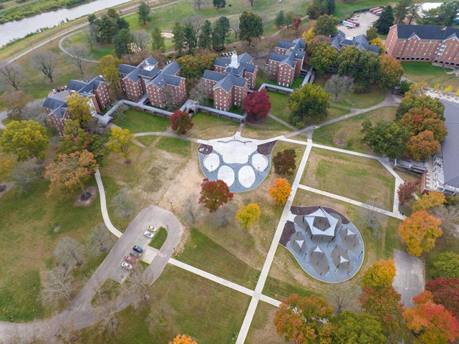 An aerial view of South Green’s new Paw Print Park shows the hammock space on the paw print to the right and the student gathering and event space on the paw print to the left.