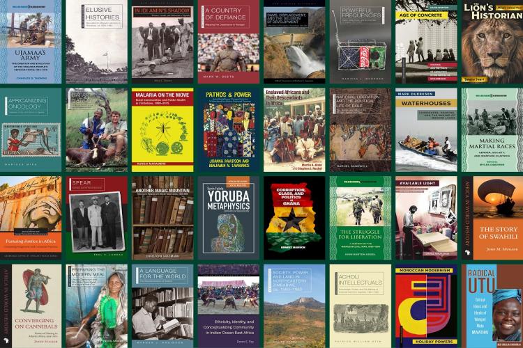 An image that shows  the covers to 24 books focused on African Studies