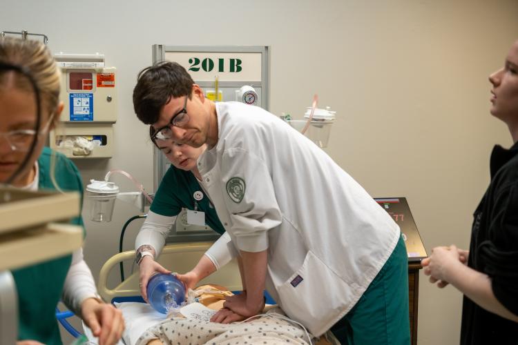 Students participating in nursing lab activities