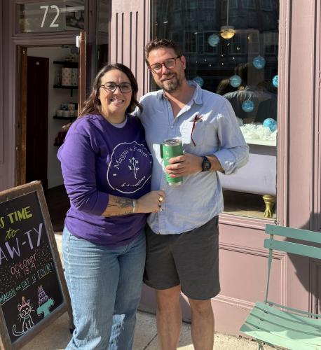 Jessie and Kazy Richmond in front of Maggie's Farm and Aromatics
