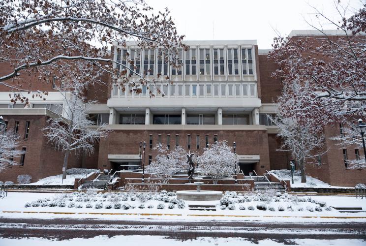 Alden Library and the trees and sidewalks are covered in snow