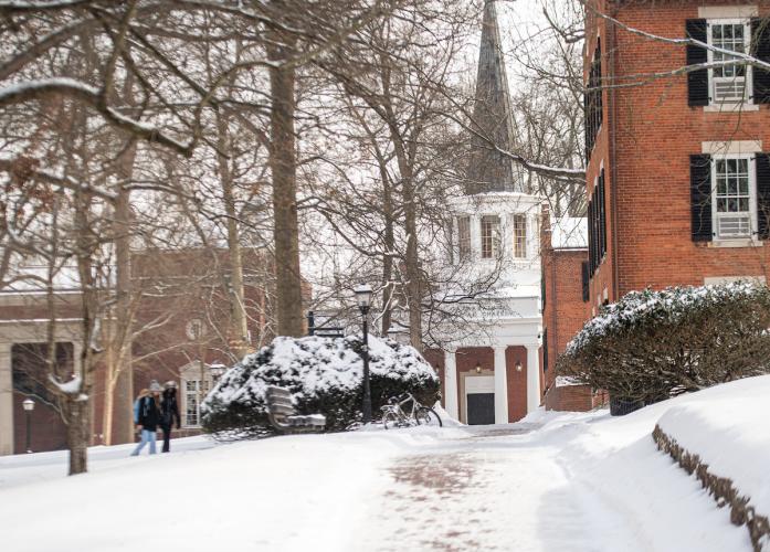 The College Green, including McGuffey Hall and Galbreath Chapel are shown covered in snow