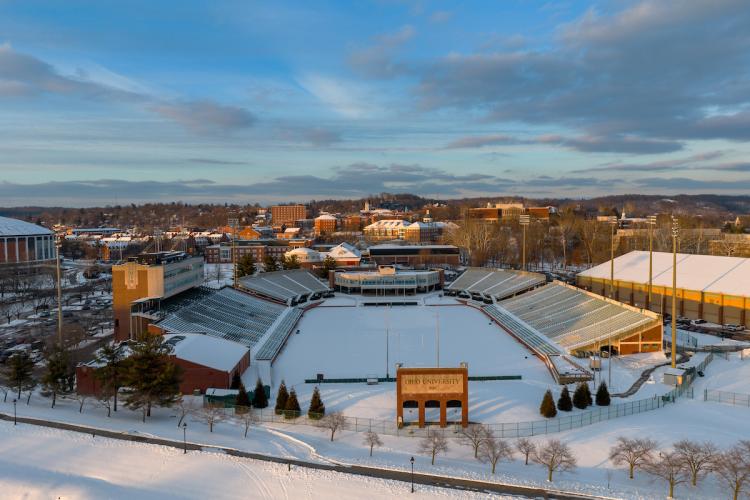 Peden Stadium and OHIO's Athens campus is shown covered in snow in this photo taken by a drone camera