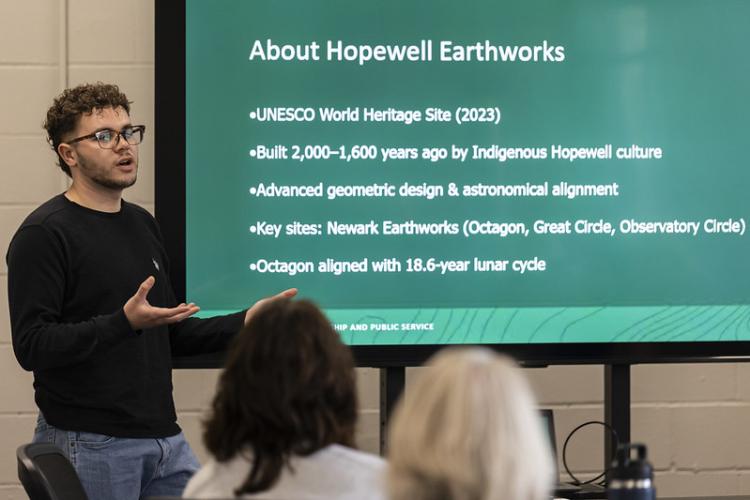 Caden Mayle leads a presentation about the Hopewell Earthworks