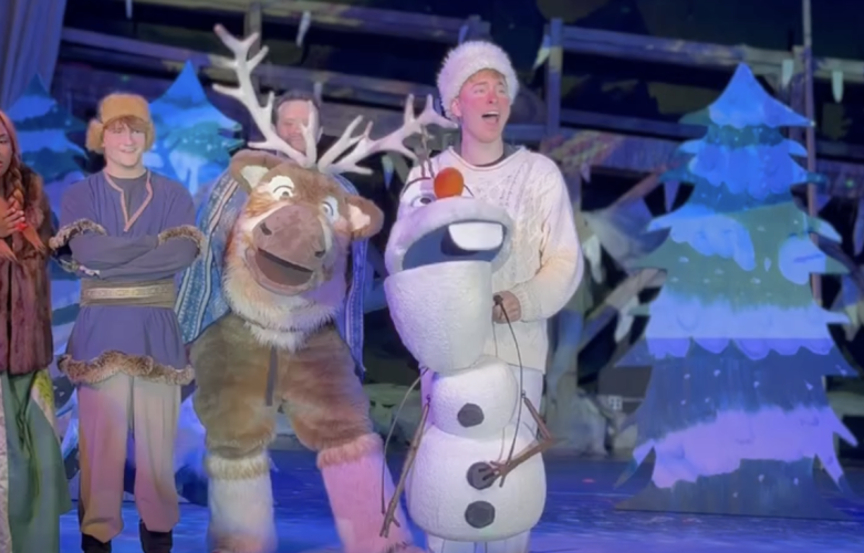 Characters from "FROZEN" sing while on stage at a rehearsal for the upcoming production