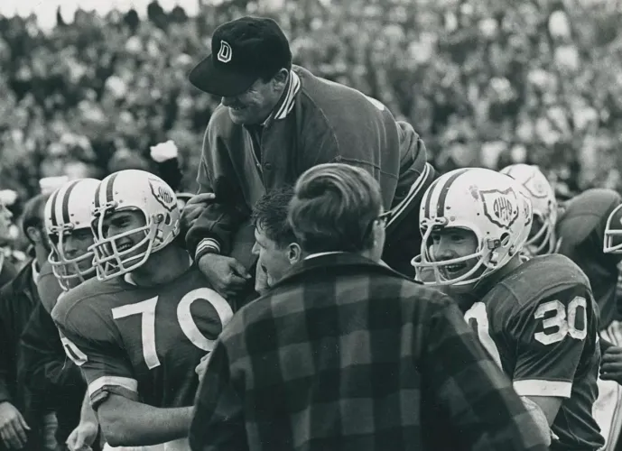 An image of former OHIO Football coach Bill Hess at Peden Stadium