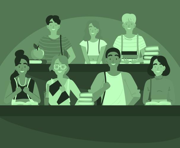 An Illustration of students sitting in two rows in a classroom, with books on their desks