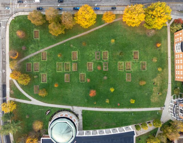 An overhead image of an Ohio University park