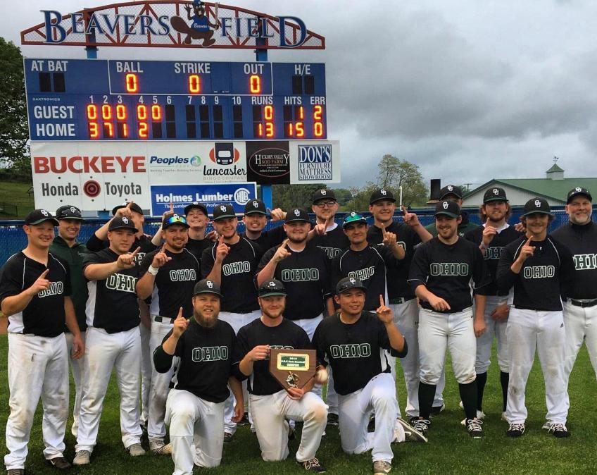 The members  of the OHIO Lancaster Baseball team pose for a team photo after winning the championship
