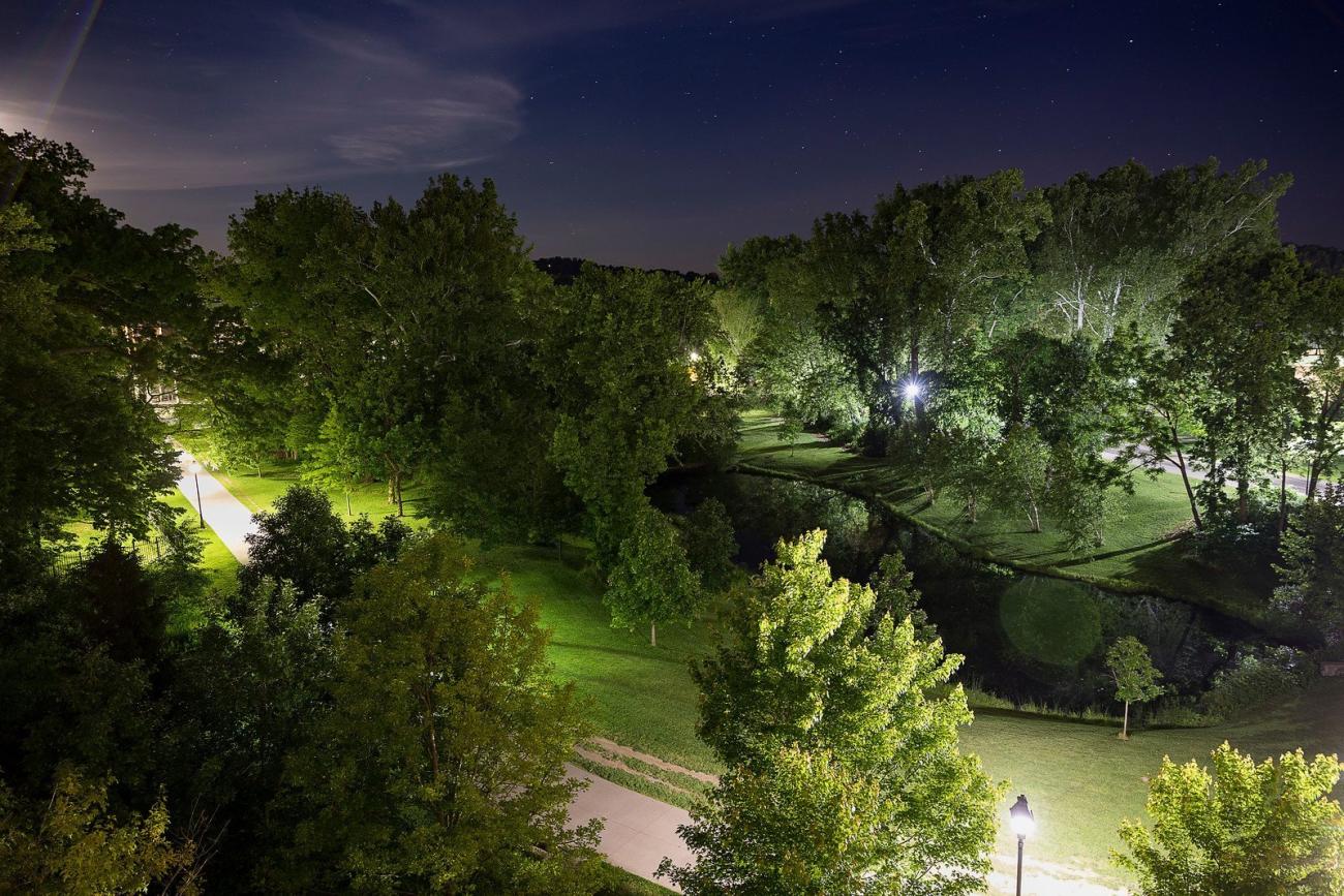 Nighttime view of Emeriti Park on Ohio University's Athens campus