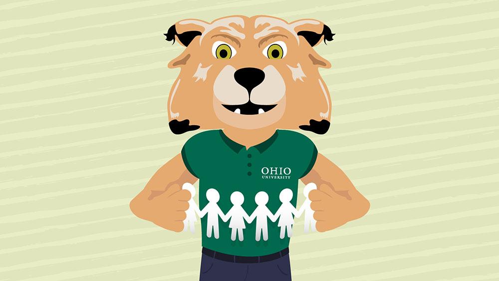 An illustration of OHIO Mascot Rufus wearing an OHIO pullover stretching out a paper doll chain between two paws