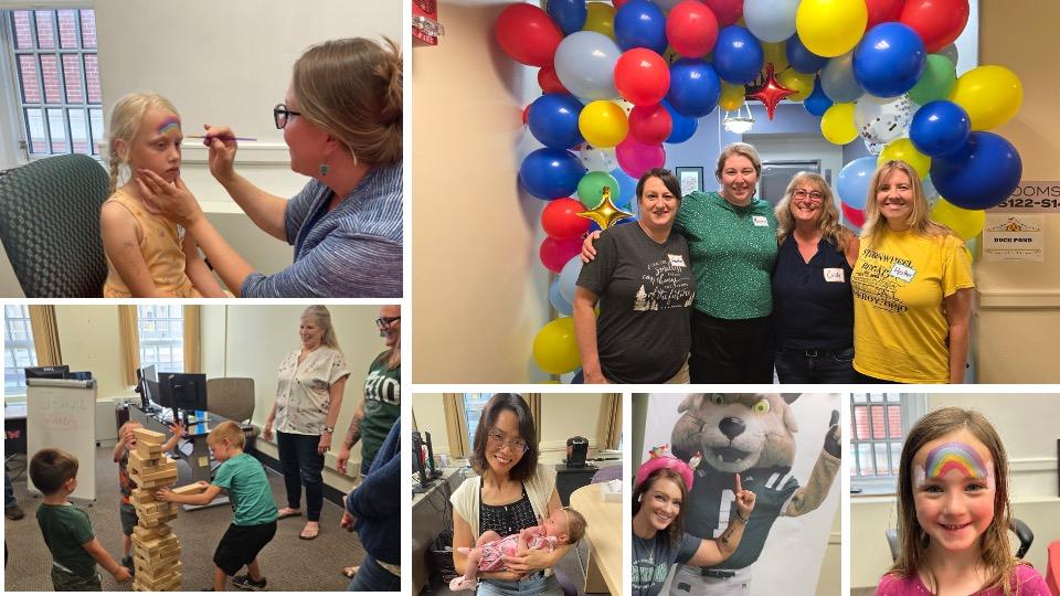 Business Service Center staff and family members are shown at the employee appreciation event standing together for a photo, doing face painting, stacking toys, holding a baby and posing for a photo with an image of Rufus