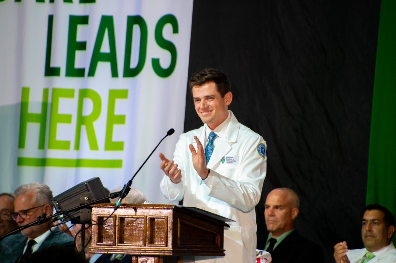 SGA President George Papadeas tells incoming HCOM students to remember their why