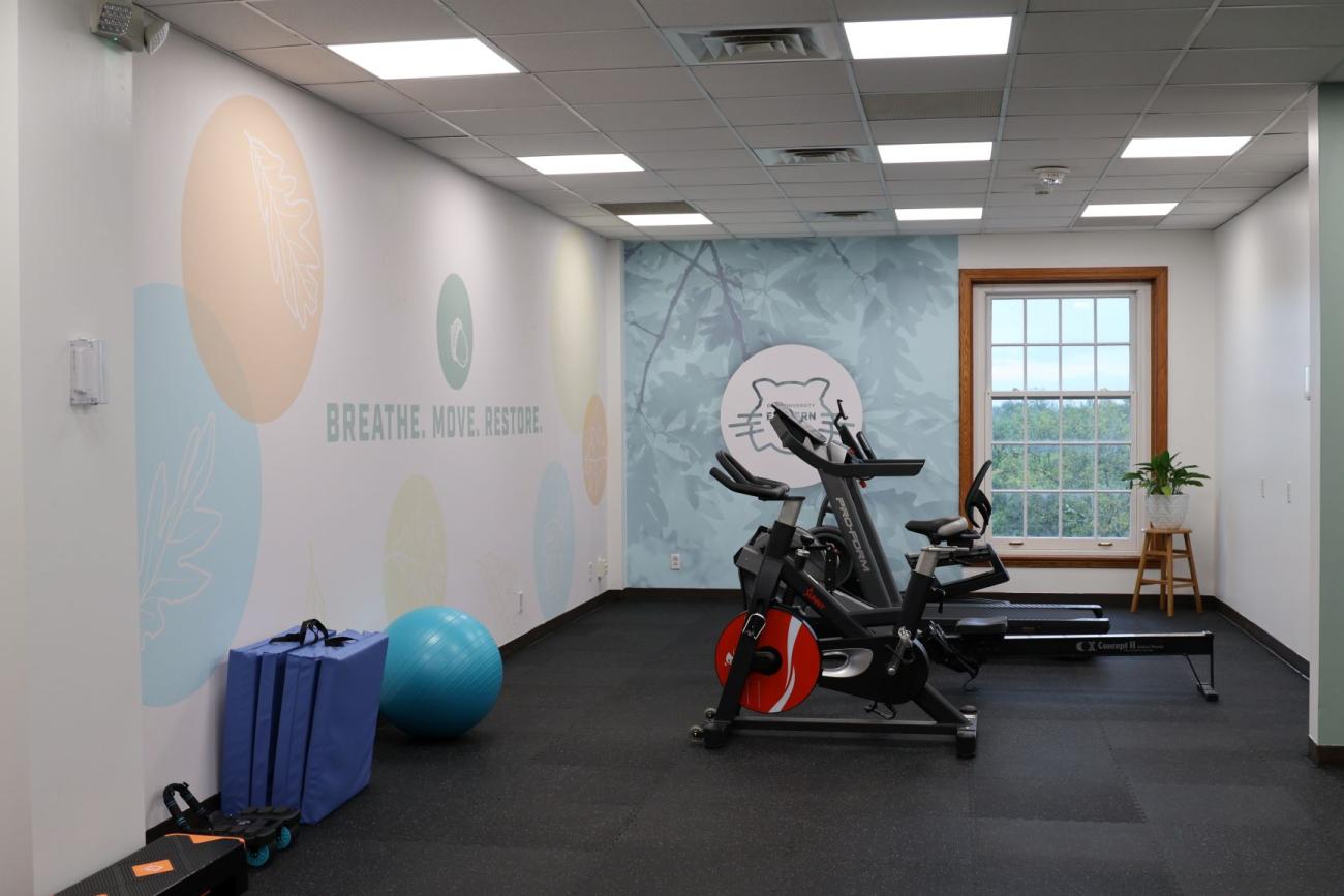 fitness room with a treadmill, exercise bikes and a rowing machine.