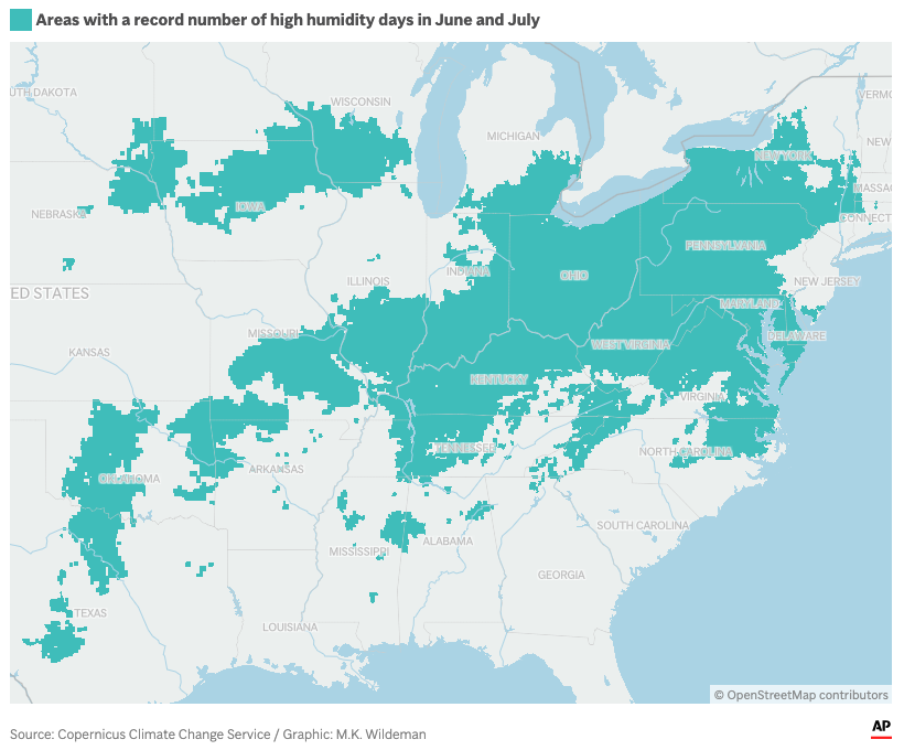 Humidity map of the United States, June and July of 2025.