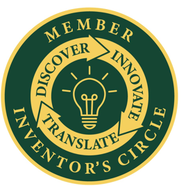A green and yellow coin with the words Member- Inventor's Circle - Discover, Innovate Translate