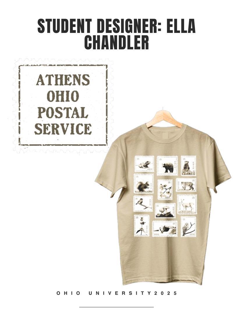 A shirt by Student Designer Ella Chandler with the words Athens Ohio Postal Service and images of stamps with wild animals on the stamps