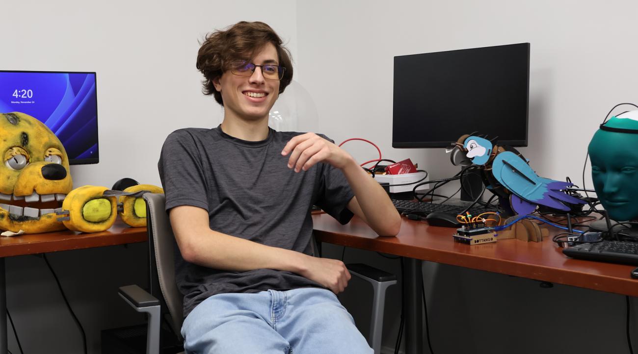 Brock Klamfoth with his menagerie of animatronic robots 
