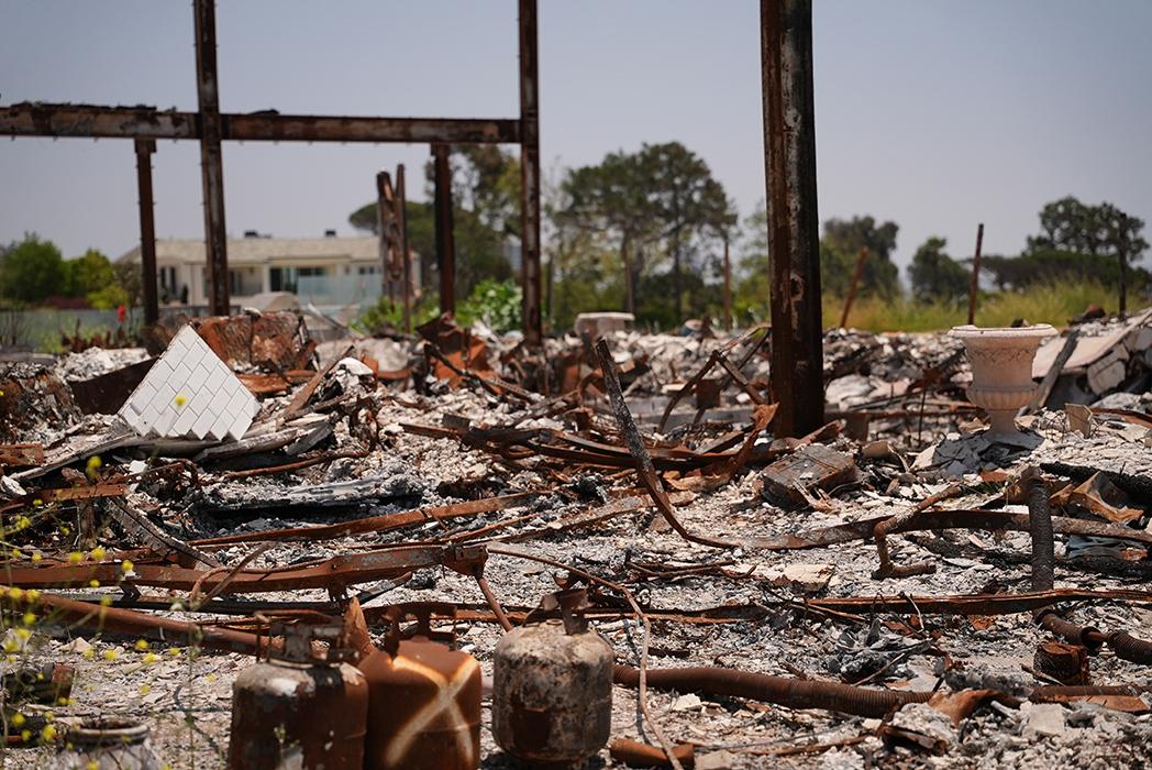 Burnt remains of a home that was destroyed in the January 2025 LA Wildfires.