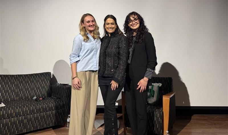 Lead Live speaker Louisa Vilela stand with OHIO student co-hosts Grace Cantwell and Kasielle Carroll.