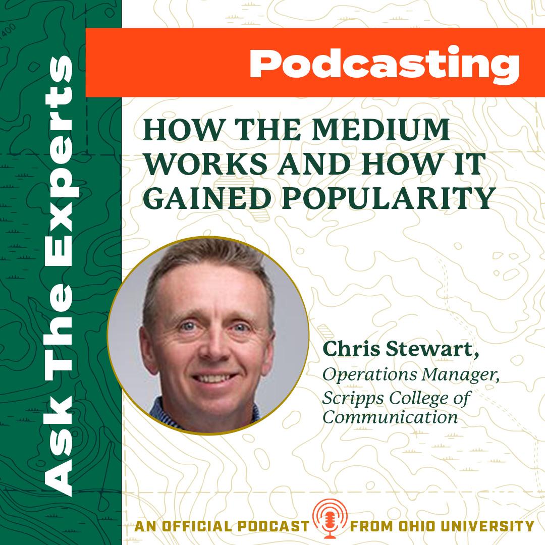 A graphic for the Ask the Experts podcast on the topic of podcasting with Chris Stewart