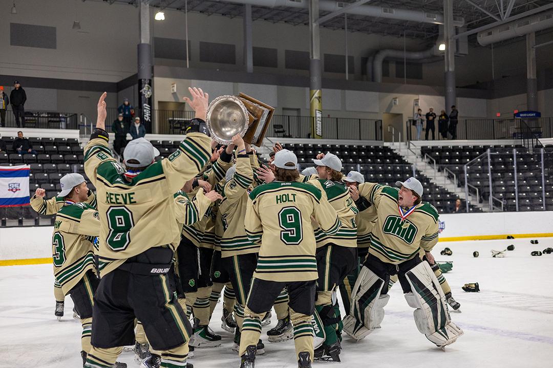 OHIO Hockey players celebrate after winning the ACHA National Championship.