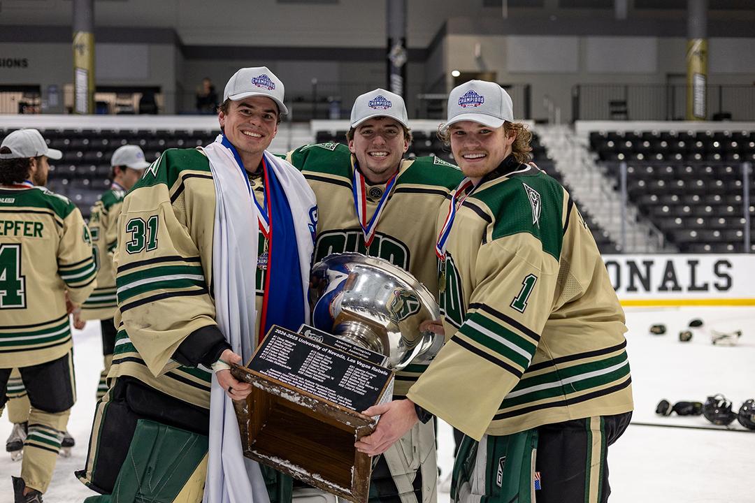 OHIO Hockey's three goalie unit poses with the Murdoch Cup.