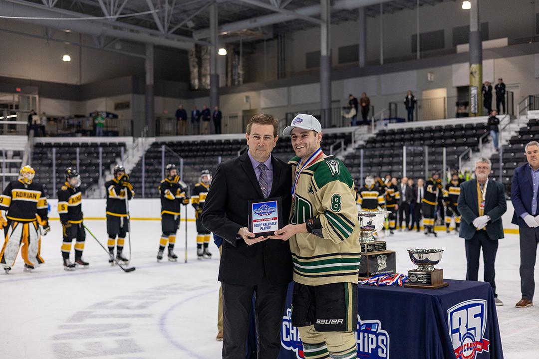 OHIO Hockey forward Luc Reeves is presented with the American Collegiate Hockey Association Men’s Division I Tournament MVP Award.
