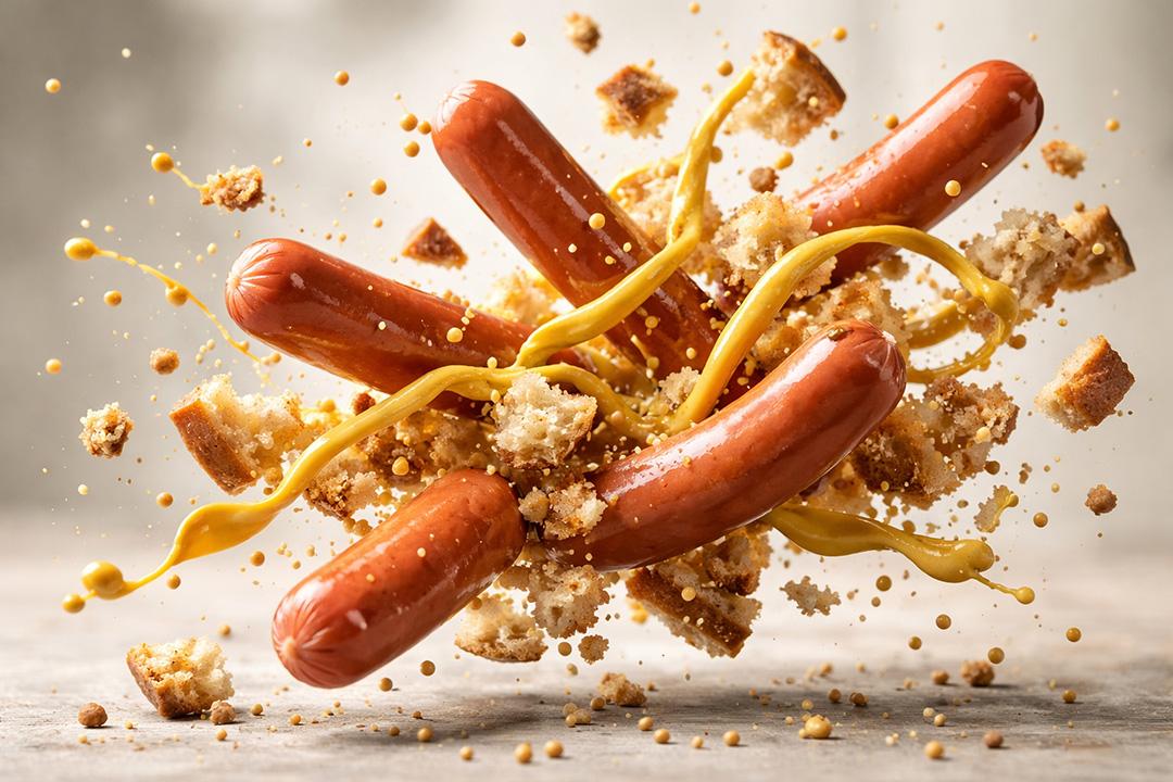 An AI-generated "hotdog" with several sausages exploding with bits of bun and mustard.