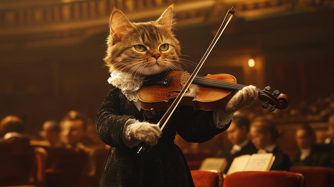 A cat playing the violin in a classical theater, generated by AI.