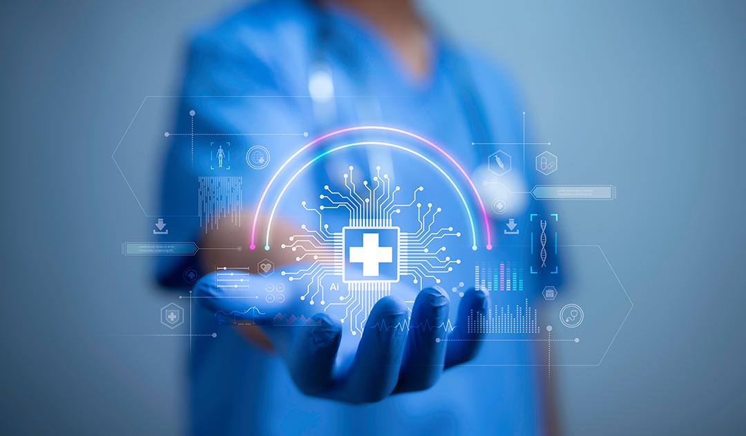 A doctor holds an AI-generated medical symbol.